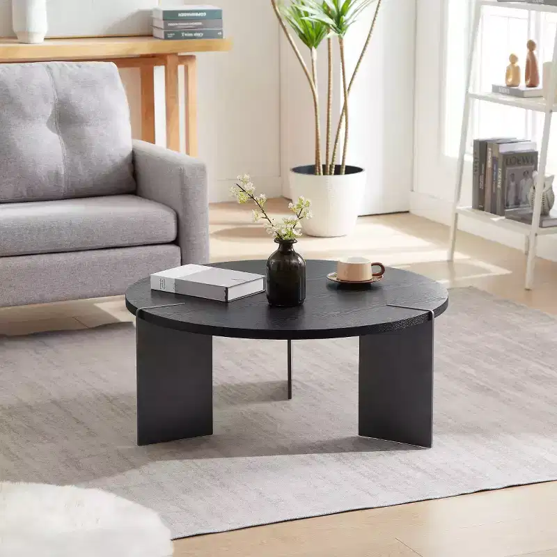 Round Coffee Table with Walnut Wood Top and Black Metal Base,Modern Centerpiece for Living Room - Panipeachy