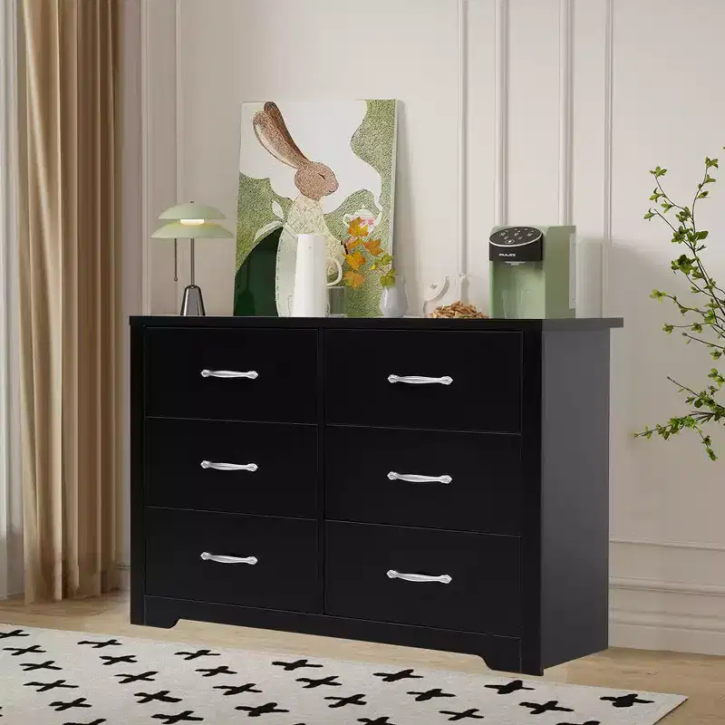 Modern 6-Drawer Dresser Wide Chest of Drawers for Bedroom MDF Wood with Scratch-Resistant Finish, Black