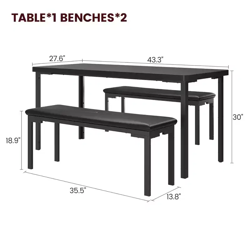 Kitchen Table with 2 Benches, with Metal Frame
