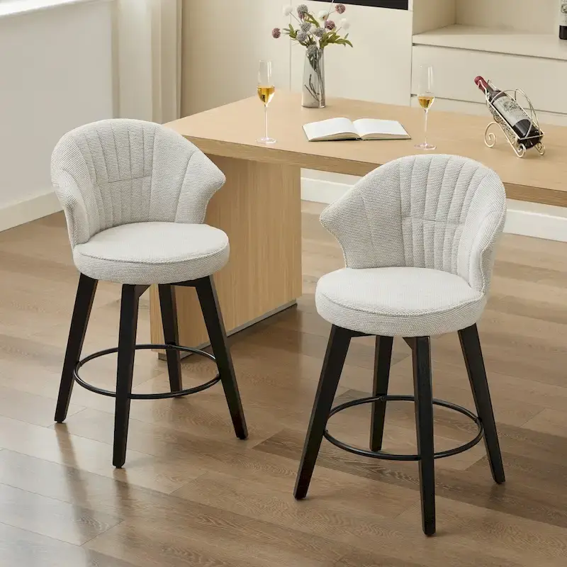 White / Blue / Dark Grey Swivel Bar Stools, Set of 2, Chenille Cushioned Counter Height Chairs with Metal Legs