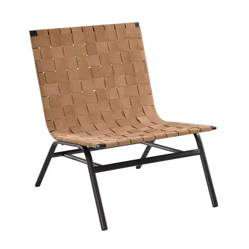 Woven Leather Accent Chair, Brown - Genuine Leather, Metal Frame, Mid-Century Modern