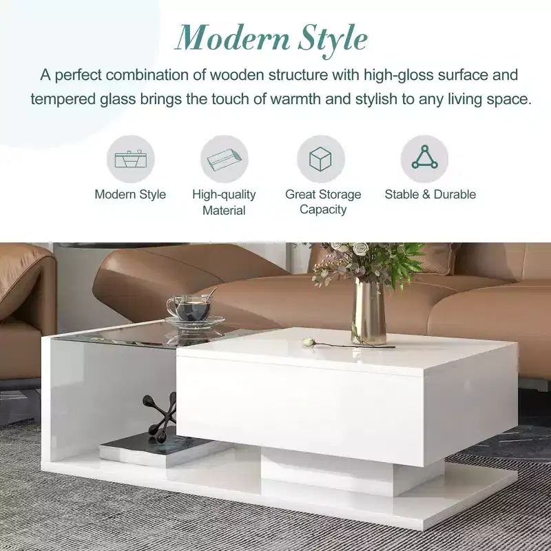 Modern Coffee Table with Tempered Glass, Wooden High-gloss UV Surface, 2-Tier Rectangle Center Table, White