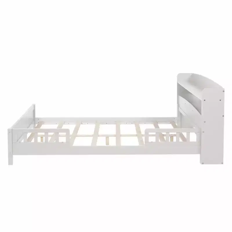 MAYEERTY Full Pine Wood Bed with Bookcase Headboard, Safety Guardrails White