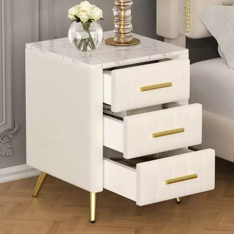 Modern Upholstered Nightstands with Drawer, Faux Marble Top and Gold Metal Legs, Elegant Bedside Tables for Bedroom or Sofa Side