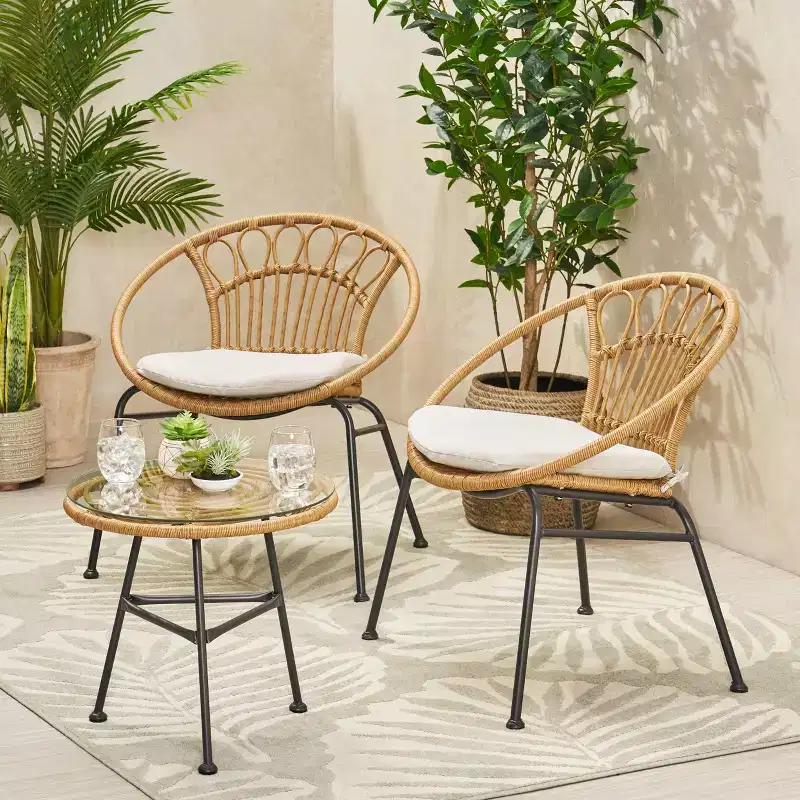 Christopher Knight Home Banya Outdoor Wicker and Iron 3 Piece Chat Set with Tempered Glass Table, Light Brown/Beige
