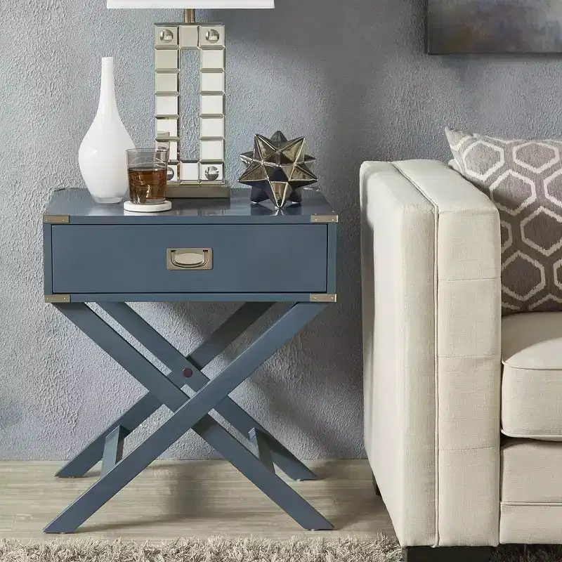 X-Base Wood Campaign Table Nightstand, Blue