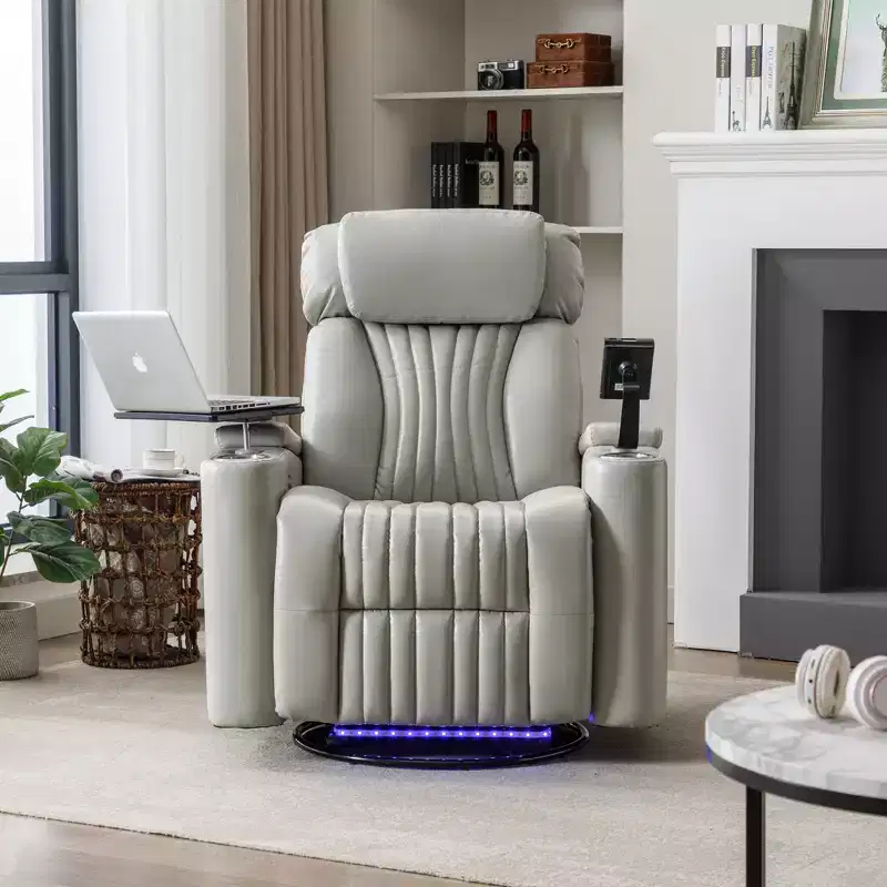 Electric Recliner Chair, 270 Swivel Accent Chair with Storage Arm, LED Light, Cup Holder, Swivel Tray Table and Phone Holder - ModernLuxe