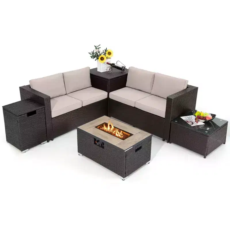 Costway 6PCS Patio Rattan Furniture Set 32'' Fire Pit Table Tank Holder with Cover Beige/Navy/Red/Turquoise