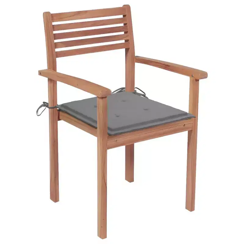 vidaXL Stylish Teak Patio Chairs Set with Gray Cushions, Durable Outdoor Furniture for Homes, Offices, Bars, Cafes, Stackable for Easy Storage