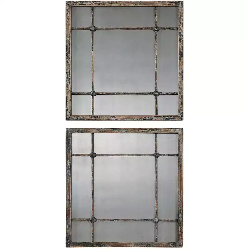 Uttermost Square Vanity Accent Wall Mirrors Set of 2 Rustic Distressed Slate Blue Aged Ivory Frame 19 Wide for Bathroom Bedroom