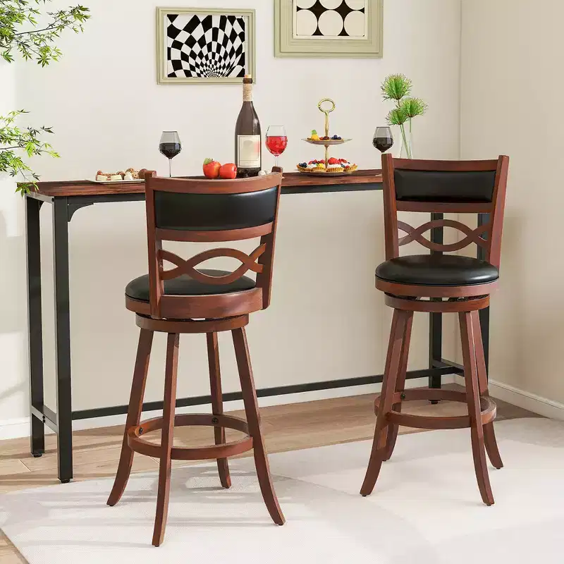 Costway 29 Bar Height Stools Set of 2 w/Rubber Wood Frame Faux Leather Upholstered Seat