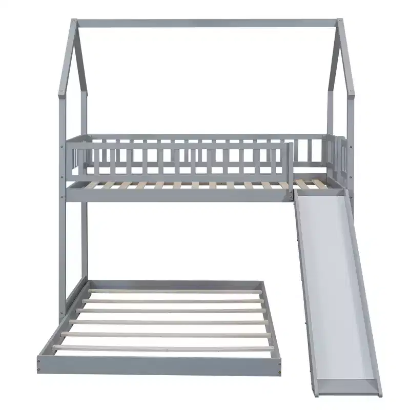 Whisen House Roof Design Twin over Full House Bunk Bed with Slide and Built-in Ladder