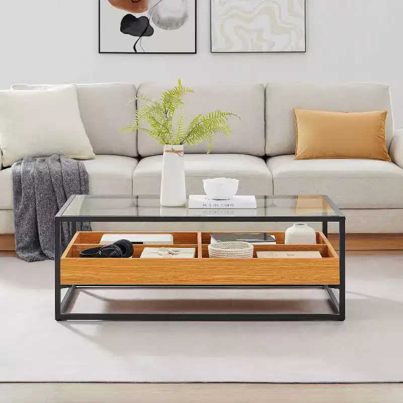 Saarinen Glass Top Coffee Table Golden Oak - Danya B.: Contemporary Scandinavian Style, Open Shelves, Storage, Matte Finish