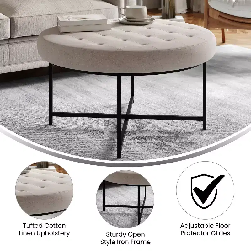 34 Round Cotton Linen Tufted Ottoman with Metal Frame