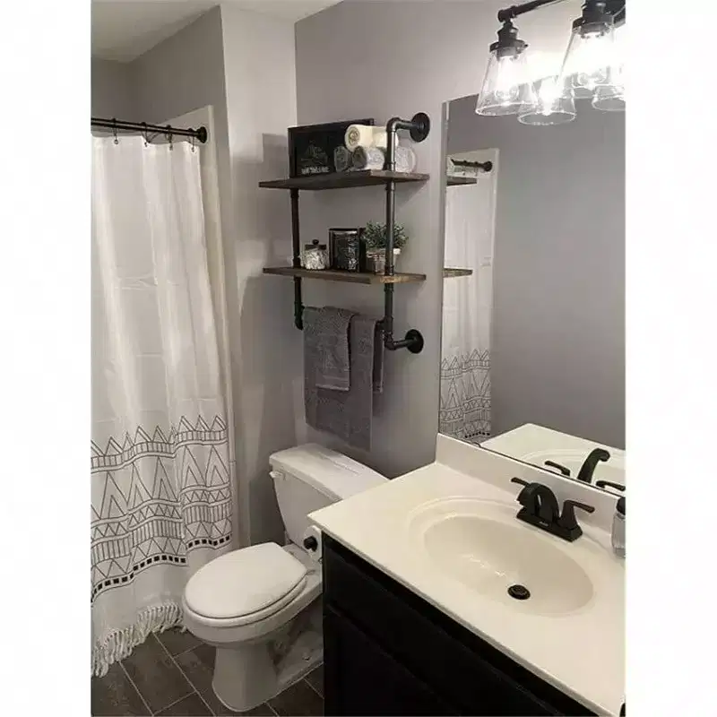 Industrial Pipe Shelf 2 Tiered Metal Towel Racks Bathroom 20 Inch Rustic Wood Wall Mount Shelf with Bar Iron Towel Holder