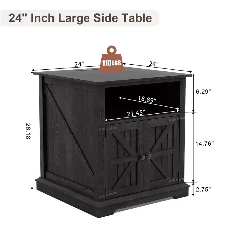 Nightstand with Charging Station and 2 Drawers – Farmhouse Bedside Table with Solid Wood Legs