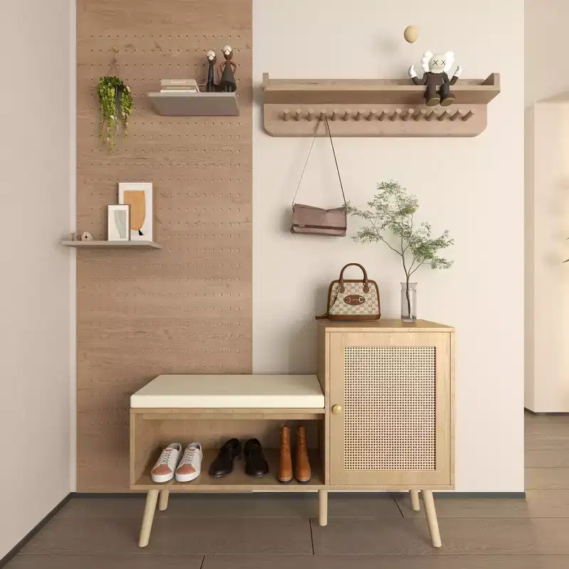 TUYOHW Boho Style PP Rattan Shoe Bench with Shelf and 1 Door,Modern Entryway Storage Bench with Removable Cushion for Hallway and Bedroom,Natural