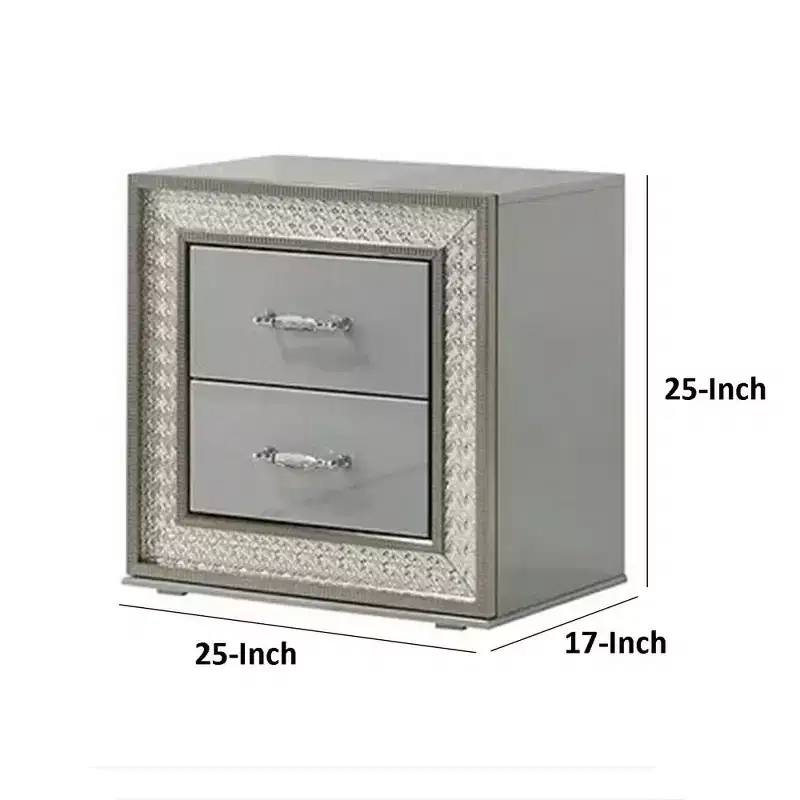 Nightstand with 2 Drawers, Scale Molding Trim, Metallic Gray Wood