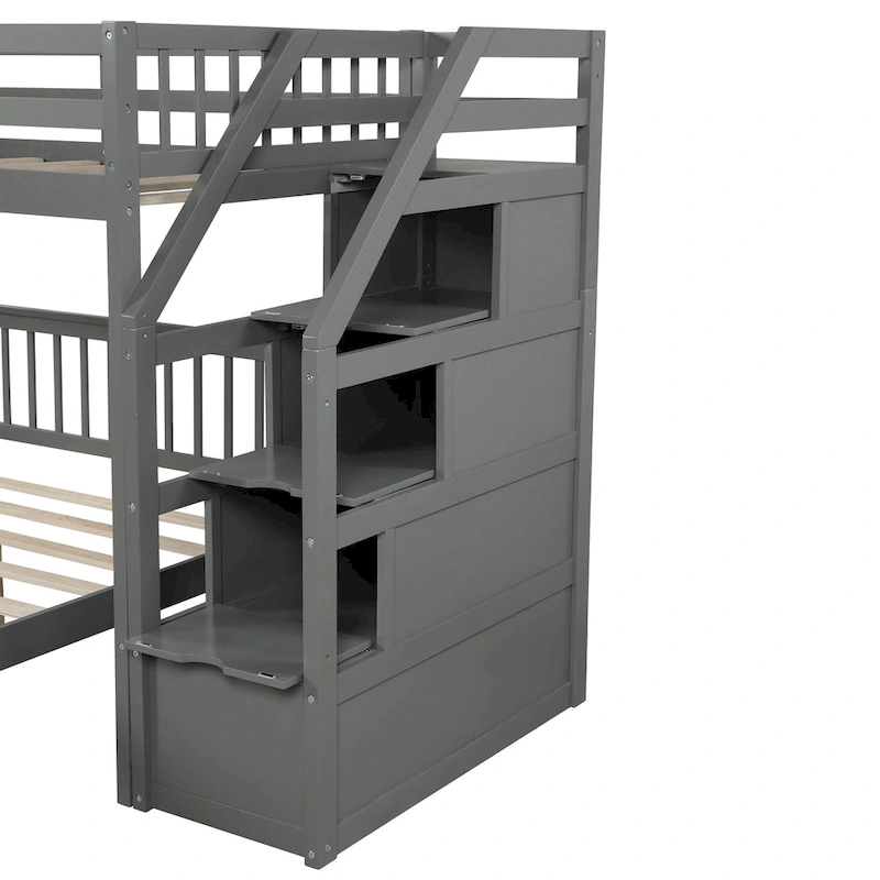 Twin Over Full Wood Loft Bed with Staircase,High Guardrails and Ladder