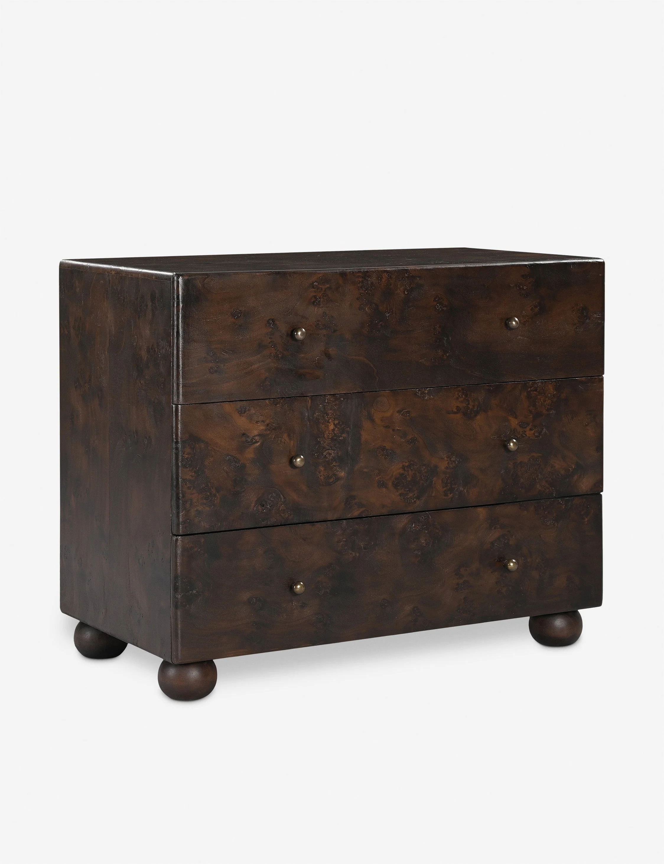 Nightstand Bring a timeless finish to your bedroom edit. The nightstand sits on bun feet with a solid bearing, clad in burl and brass for that