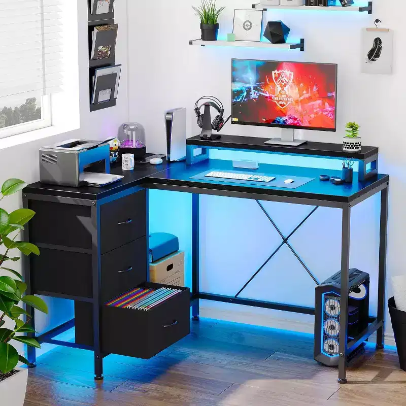 Acekool L-Shaped Gaming Desk with LED Lights, Power Outlets, Drawers & Shelves, Corner Computer Desk for Home Office, Black