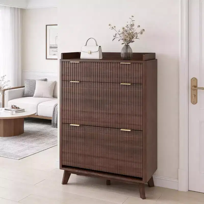 48 Tall Narrow Modern Fluted 2 Flip Shoe Cabinet, Wooden Shoe Rack Organizer with Storage Drawer & Adjustable Shelves for Entryway & Living Room