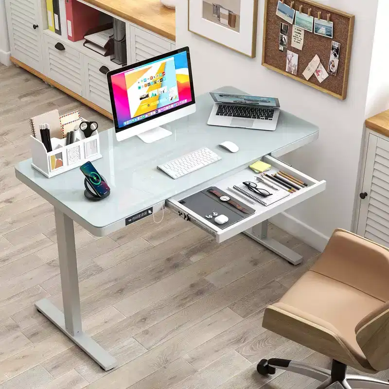 Costway 48 x 24 Whole-Piece Glass Standing Desk w/Drawers Writable Tempered Glass Top Black/White