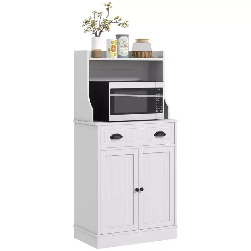 HOMCOM Microwave Cabinet with Drawer, Double Door Cabinet and Adjustable Shelf, Buffet with Hutch and Cable Hole for Kitchen, Dining Room, White