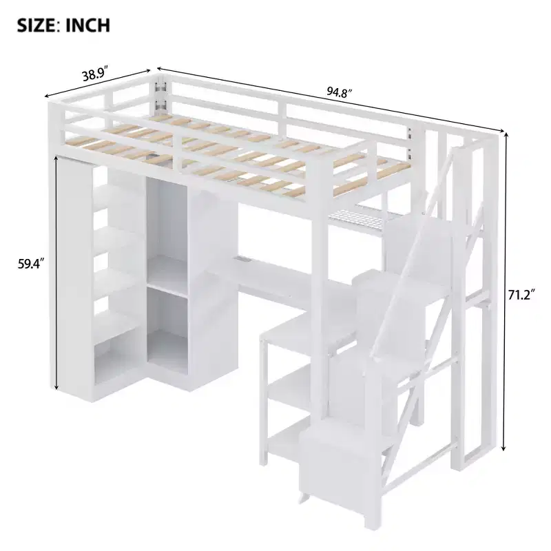Metal Twin Loft Bed with Desk, Wardrobe & Storage Shelves, Stairway, White