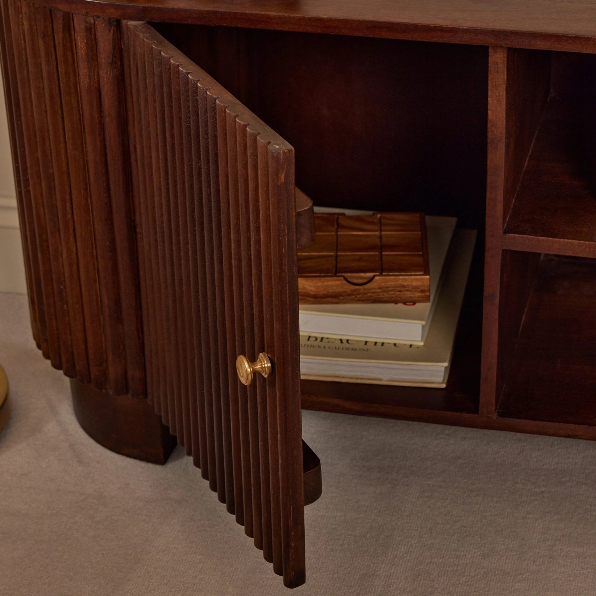 Luxe Walnut Mango Wood TV Unit with Shelving for TVs up to 55 Inch for Living Room