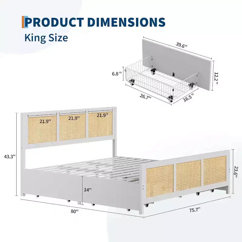 King Size Bed Frame with Headboard, Bohemian Rattan Platform Bed with Storage Drawers and LED Lighting, Complete Support System