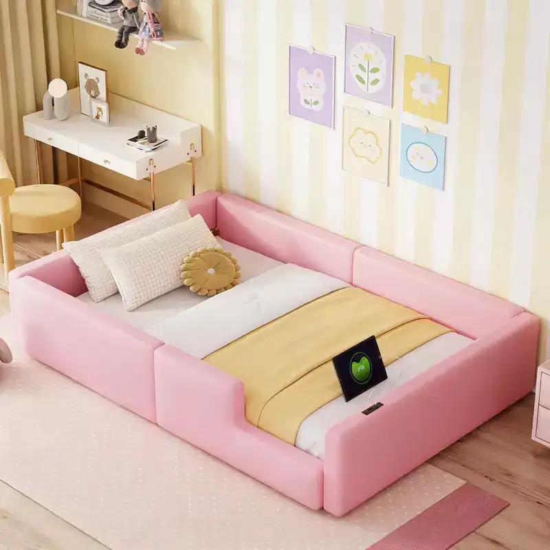 Luxystar Modern Twin Size Upholstered Platform Bed with Guardrail, USB and Type-C Port