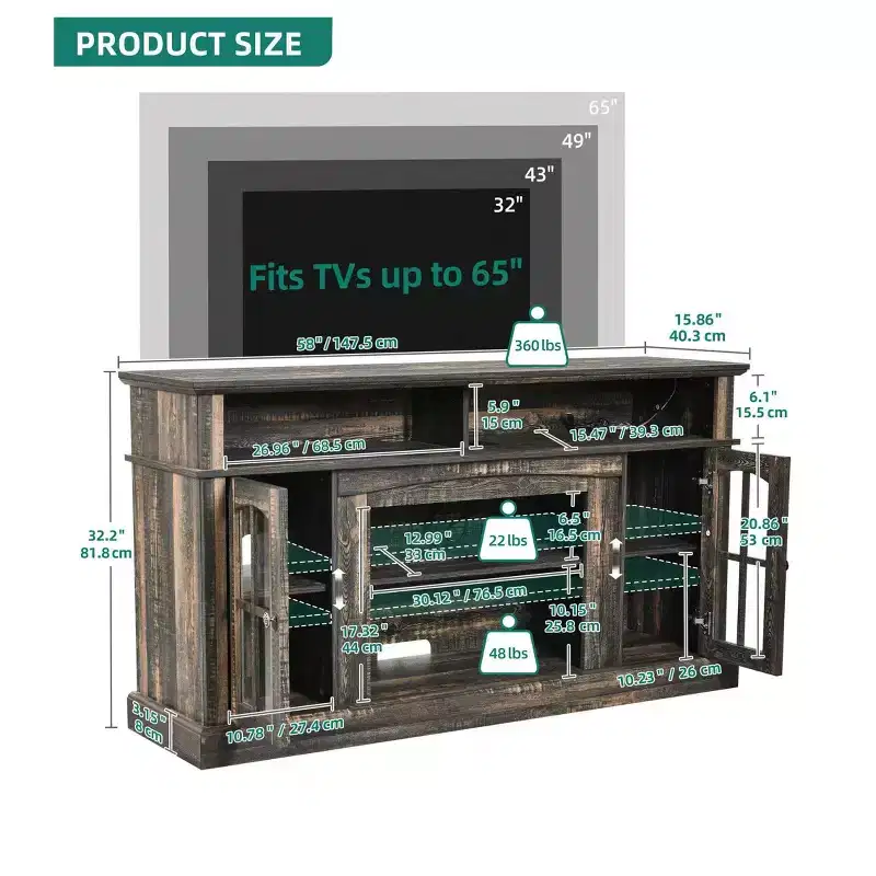 LED TV Stand Cabinet with Power Outlets, Entertainment Center for TVs up to 65