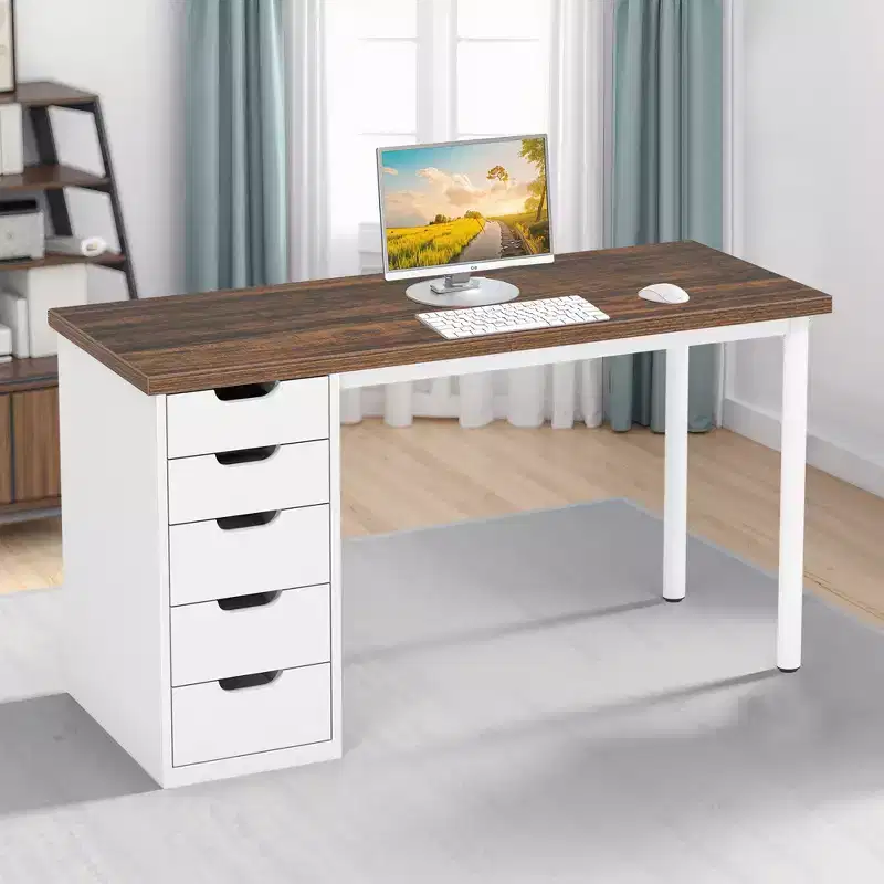MAYEERTY 47 Inch Computer Desk with 5 White Drawers, 1.18 Thick Engineered Wood Home Office Desk with White Metal Legs