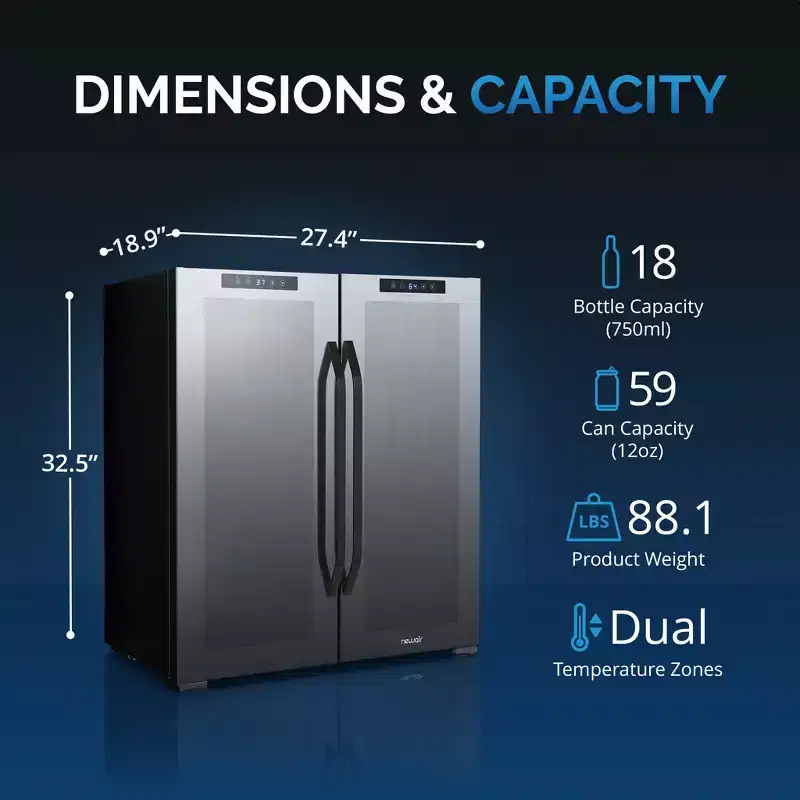 Newair 59-Can, 18-Bottle Freestanding Dual Zone Beverage Fridge - 27.4
