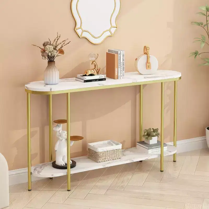 White Marble-Top Gold Frame Oval Console Table, 2-Tier, 1-Person Assembly