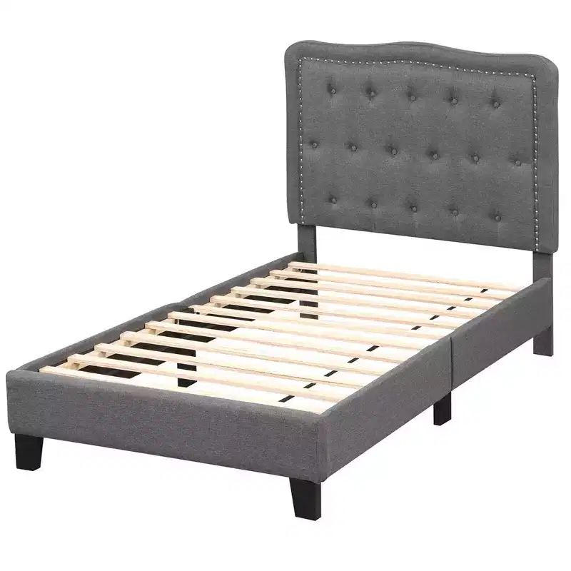 Twin Size Bed Frame with 46 Tall Button Tufted Headboard Wooden Slats Support