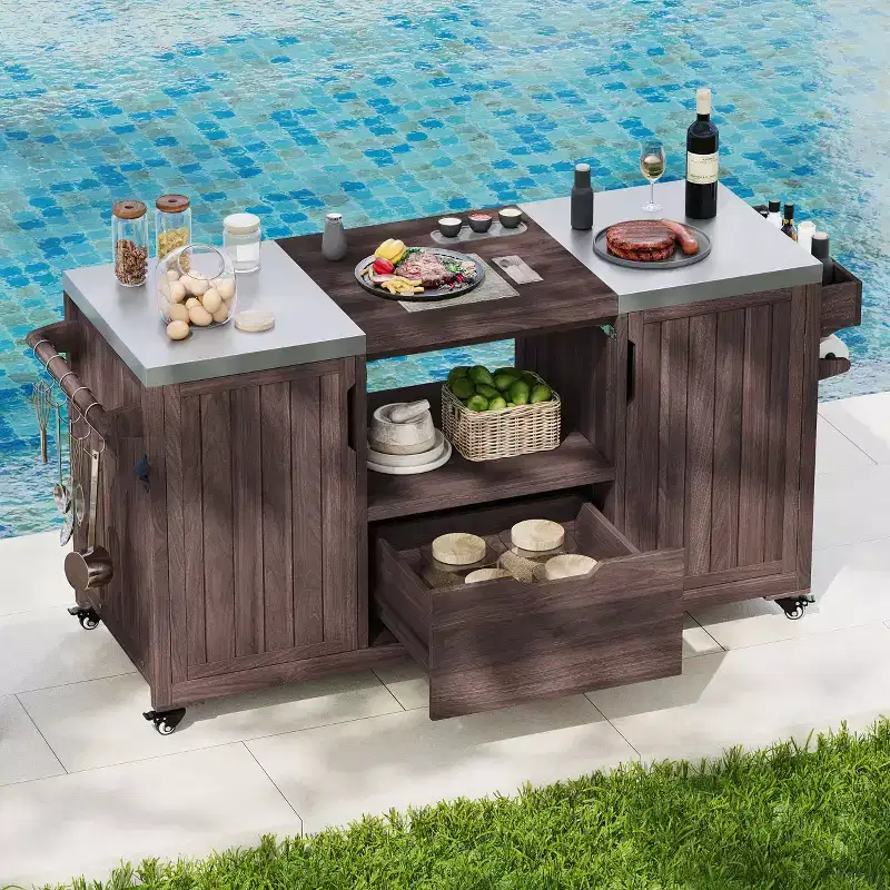 Outdoor Kitchen Island with Steel Top & Rack – Solid Wood Grill Cart with Storage Cabinet