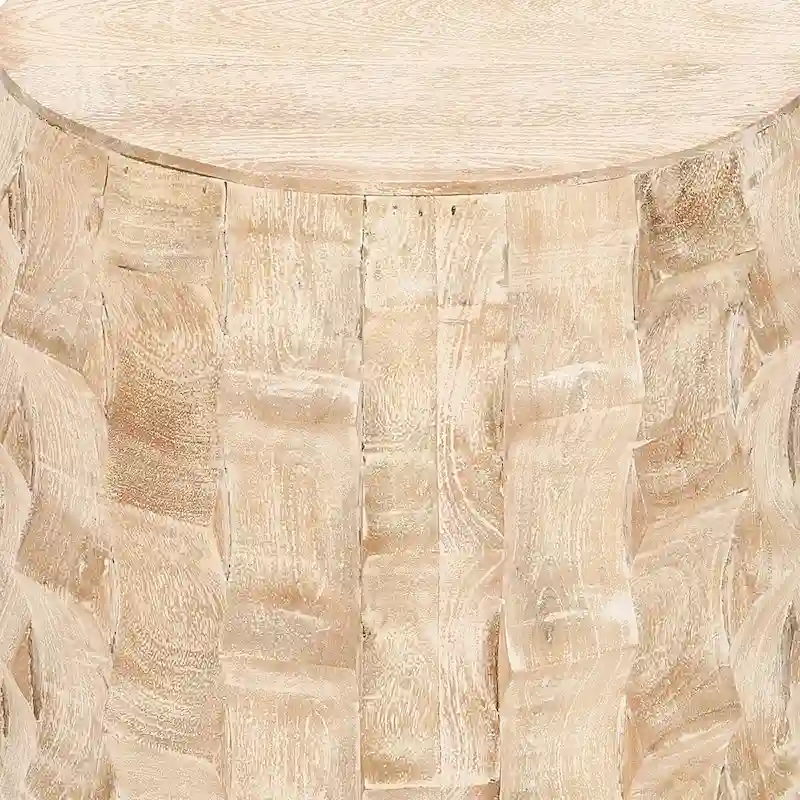 20 Inch Side End Table, Round Drum Shape with 3D Textured Design, Distressed White Finish