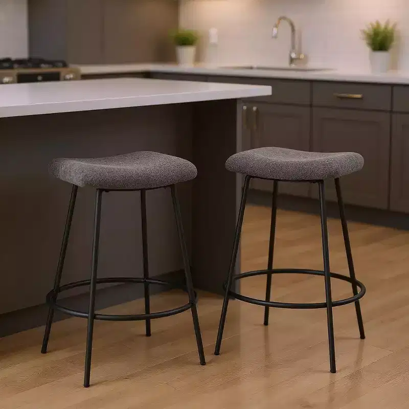 HomeRoots Set of Two 26 Gray and Black Fabric and Metal Backless Counter Height Bar Chairs