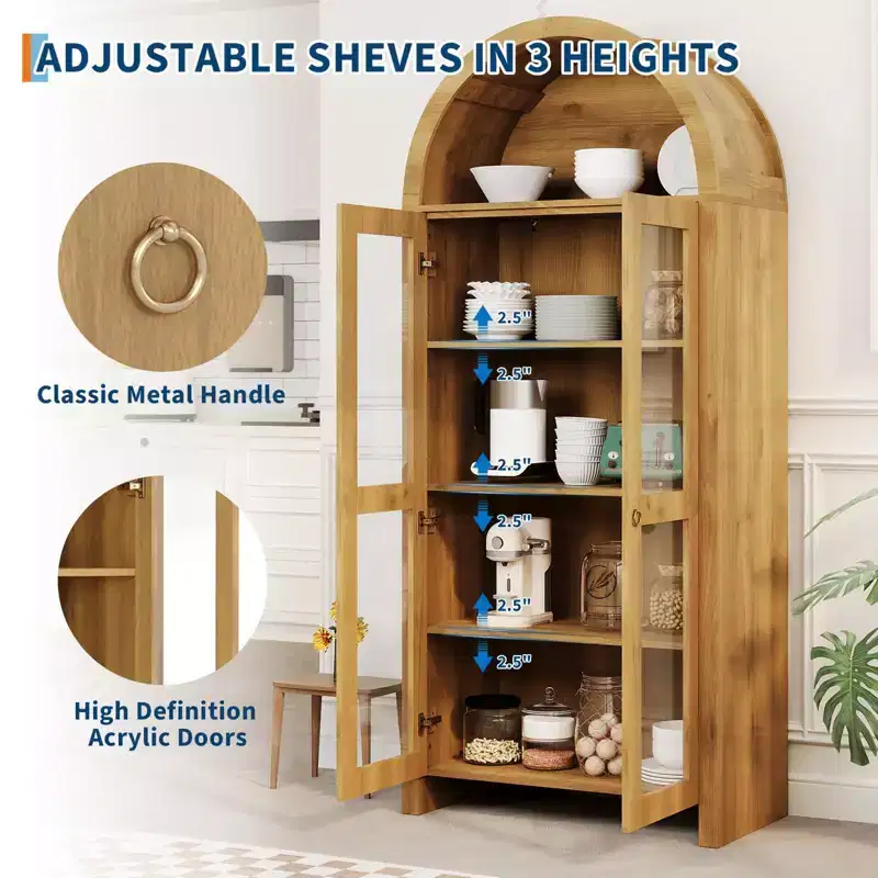 GustoWave Arched Display Cabinet with Adjustable Shelves, 70 Tall Wood Storage Cabinet with Clear Acrylic Doors in Oak Texture