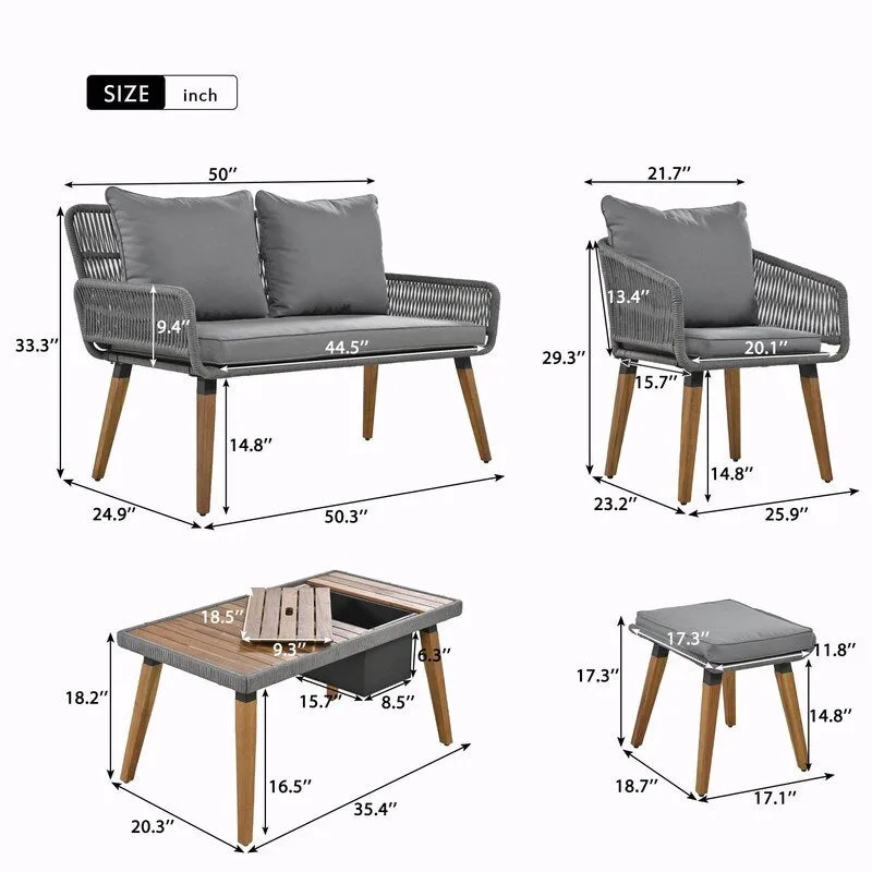 6-Piece Rope Patio Furniture Set with Acacia Wood Cool Bar Table