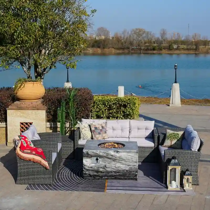 7-Piece Patio Wicker Conversation Sofa Set with Fire Pit Table