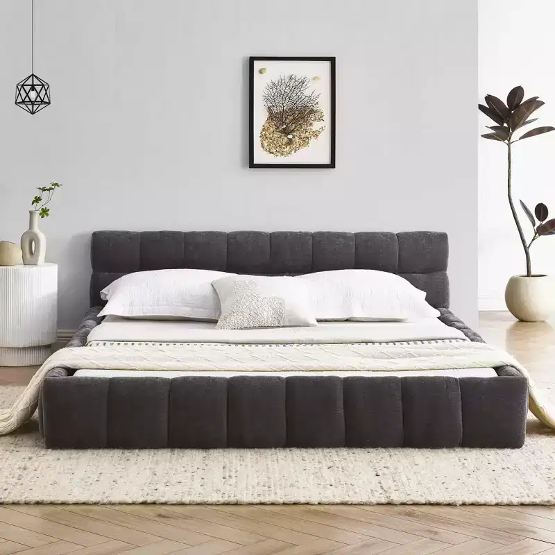 MAYEERTY Queen Size Upholstered Bed Frame with Headboard Solid Frame Chenille Fabric Dark Gray
