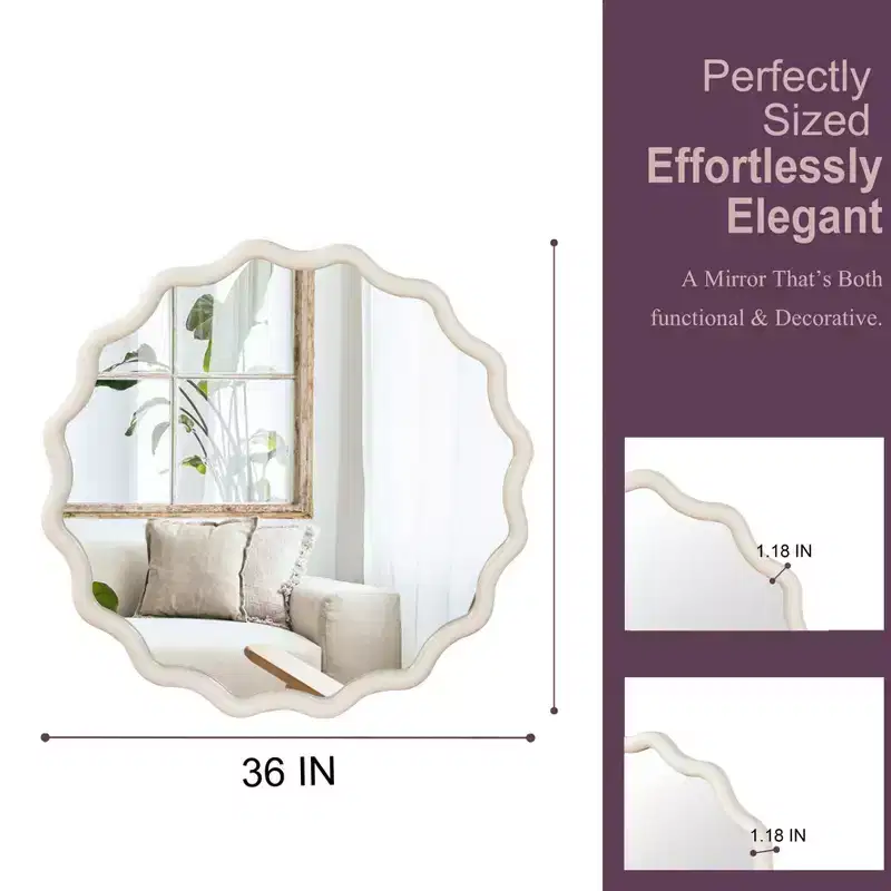 PexFix 36 Wavy Round Solid Wood Frame Decorative Mirror Modern Farmhouse Wall Mirror For Bedroom Bathroom Living Room Entryway White