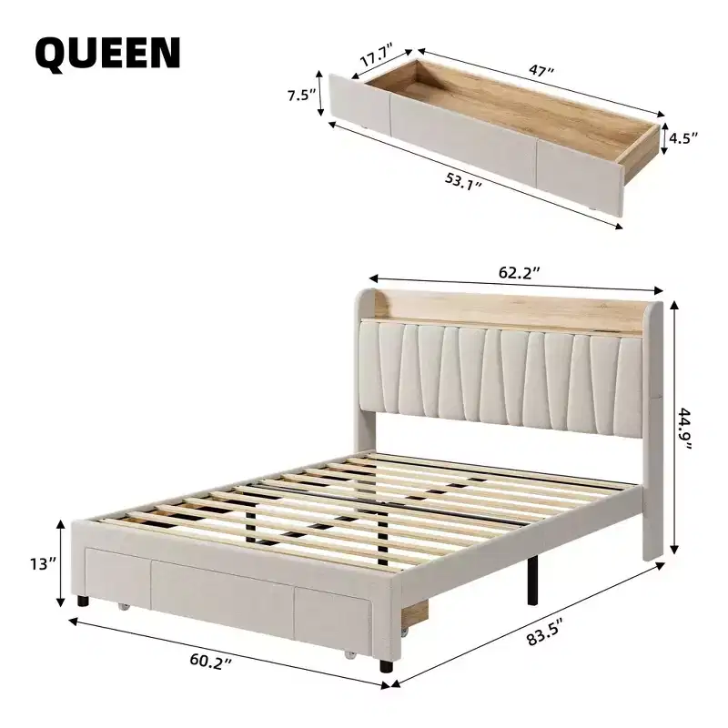 Upholstered Bed Frame with Storage Headboard and Charging Station, Platform Bed Frame with Drawers