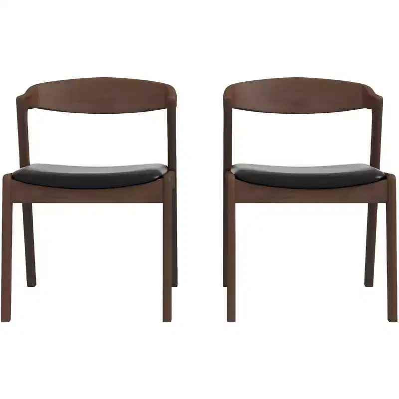 Homy Casa Set of 2 Mid-Century Modern Solid Wood Dining Chairs with Faux Leather Seat, Small Space, Holiday Gathering, Walnut and Black