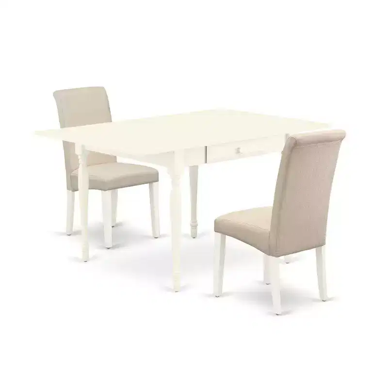 3-Piece Linen White Finish Solid Wood Top with Dropleaf Dining Table