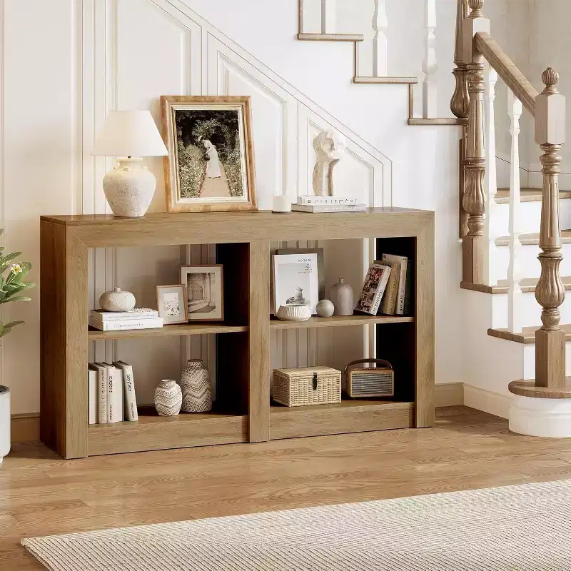 59-Inch Console Table with 2-Tier Shelf & 4 Open Cubes, Rectangle, Oak Color – 59.1