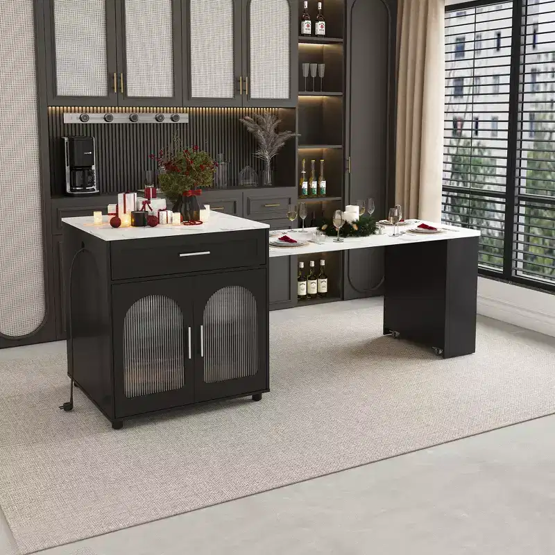 Kitchen Island with Dining Table, Wood Grain Countertop with Power Outlet, Mobile Storage Cart with Cabinet & 2 Drawers, Kitchen Prep Table